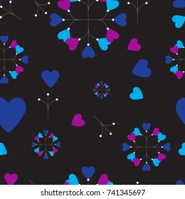 Abstract elegant seamless pattern with blue hearts on a black background.
