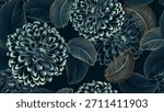 Abstract elegant seamless pattern with hand-drawn chrysanthemums flowers and leaves. Pattern for creating packaging, wallpaper, fabric.