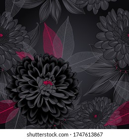 Abstract elegant seamless pattern with hand-drawn chrysanthemums flowers and leaves. Pattern for creating packaging, wallpaper, fabric.