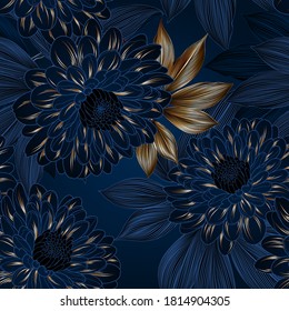 Abstract elegant seamless pattern with hand-drawn chrysanthemums flowers and leaves. Pattern for creating packaging, wallpaper, fabric.