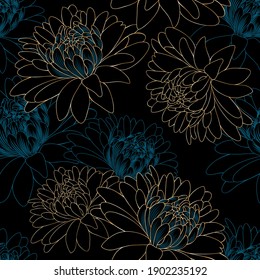 Abstract elegant seamless pattern with hand-drawn chrysanthemums flowers and leaves. Pattern for creating packaging, wallpaper, fabric.