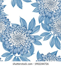 Abstract elegant seamless pattern with hand-drawn chrysanthemums flowers and leaves. Pattern for creating packaging, wallpaper, fabric.