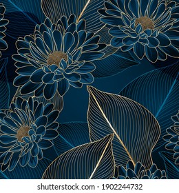 Abstract elegant seamless pattern with hand-drawn chrysanthemums flowers and leaves. Pattern for creating packaging, wallpaper, fabric.