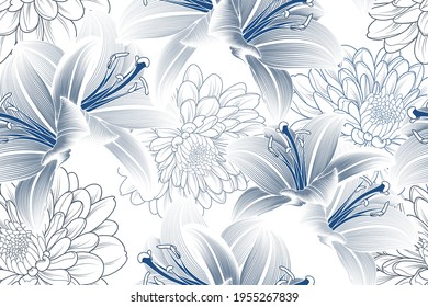 Abstract elegant seamless pattern with hand-drawn chrysanthemums and lily flowers. 