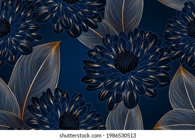 Abstract elegant seamless pattern with hand-drawn chrysanthemums flowers and leaves. Pattern for creating packaging, wallpaper, fabric.