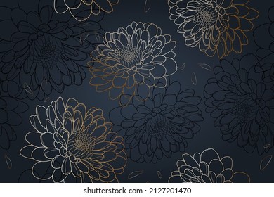 Abstract elegant seamless pattern with hand-drawn chrysanthemums flowers. Pattern for creating packaging, wallpaper, fabric.