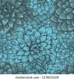 Abstract elegant seamless pattern with hand-drawn blue chrysanthemums flowers. Dahlia. Pattern for creating packaging, wallpaper, fabric.