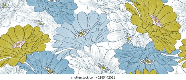 Abstract elegant seamless pattern with hand-drawn chrysanthemums flowers and leaves. Pattern for creating packaging, wallpaper, fabric.