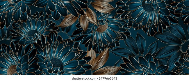 Abstract elegant seamless pattern with hand-drawn chrysanthemums flowers and leaves. Pattern for creating packaging, wallpaper, fabric.