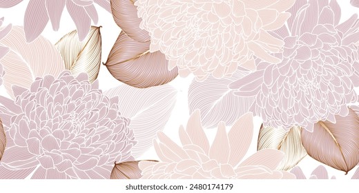 Abstract elegant seamless pattern with hand-drawn chrysanthemums flowers and leaves. Pattern for creating packaging, wallpaper, fabric.