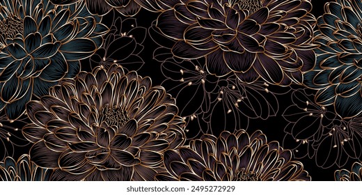 Abstract elegant seamless pattern with hand-drawn chrysanthemums flowers and leaves. Pattern for creating packaging, wallpaper, fabric.