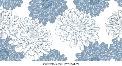 Abstract elegant seamless pattern with hand-drawn chrysanthemums flowers and leaves. Pattern for creating packaging, wallpaper, fabric.