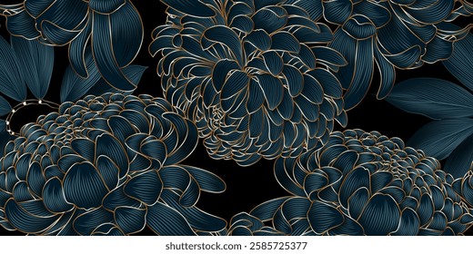 Abstract elegant seamless pattern with hand-drawn chrysanthemums flowers and leaves. Pattern for creating packaging, wallpaper, fabric.