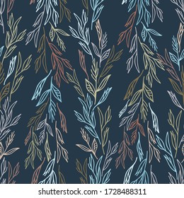 Abstract elegant seamless pattern of lined botanical floral motifs of tangled plants and leaves in blue tones. Perfect for textiles, shirts, sheets, surfaces, wallpapers, wrapping paper, decorations.