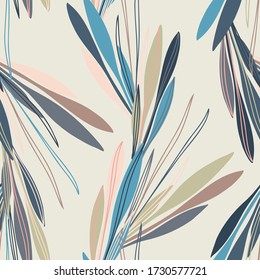 Abstract elegant seamless pattern of lined botanical floral motifs of tangled plants and leaves. Perfect for textiles, shirts, sheets, surfaces, wallpapers, wrapping paper, decorations.