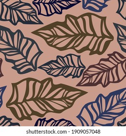 Abstract elegant seamless pattern of lined botanical autumn motifs leaves in brown tones. Perfect for textiles, shirts, sheets, surfaces, wallpapers, wrapping paper, decorations.