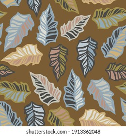 Abstract elegant seamless pattern of lined botanical autumn motifs leaves in brown tones. Perfect for textiles, shirts, sheets, surfaces, wallpapers, wrapping paper, decorations.