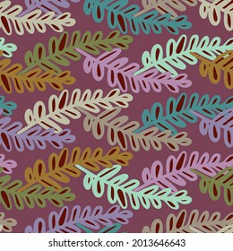 Abstract elegant seamless pattern of lined botanical floral motifs of plants and leaves pastel tones on dark background. Perfect for textiles, sheets, surfaces, wallpapers, wrapping paper, decorations