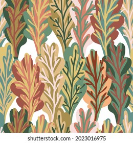 Abstract elegant seamless pattern of lined botanical floral motifs of plants and leaves pastel tones. Perfect for textiles, sheets, surfaces, wallpapers, wrapping paper, decorations