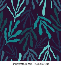 Abstract elegant seamless pattern of lined botanical floral motifs of plants and leaves in dark blue tones. Perfect for textiles, sheets, surfaces, wallpapers, wrapping paper, decorations