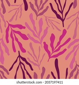 Abstract elegant seamless pattern of lined botanical floral motifs of plants and leaves in pink tones. Perfect for textiles, sheets, surfaces, wallpapers, wrapping paper, decorations