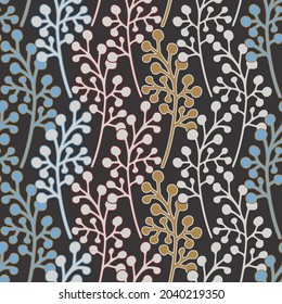 Abstract elegant seamless pattern of lined botanical floral motifs of plants and leaves in pastel tones on dark. Perfect for textiles, sheets, surfaces, wallpapers, wrapping paper, decorations
