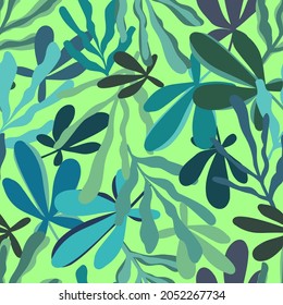 Abstract elegant seamless pattern of lined botanical floral motifs of plants and leaves in green tones. Perfect for textiles, sheets, surfaces, wallpapers, wrapping paper, decorations
