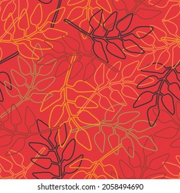 Abstract elegant seamless pattern of lined botanical floral motifs of orange plants and leaves in warm red tones. Perfect for textiles, sheets, surfaces, wallpapers, wrapping paper, decorations