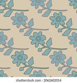 Abstract elegant seamless pattern of lined botanical floral motifs of plants and leaves in pastel tones. Perfect for textiles, surfaces, wallpaper, wrapping paper, decorations