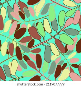 Abstract elegant seamless pattern of lined leaves on branches in bright colors. The design is perfect for textiles, sheets, surfaces, wallpapers, wrapping paper, decorations