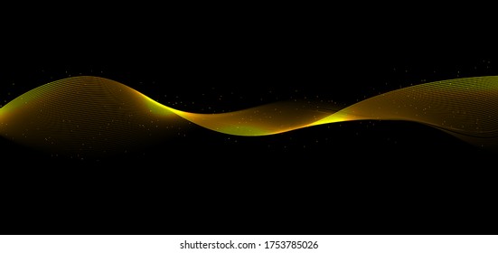 Abstract elegant shiny gold waves lines with glitter effect and light on black background. Vector illustration