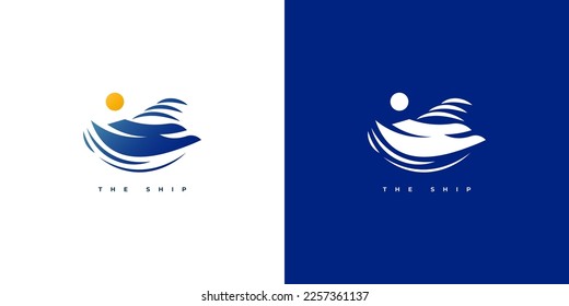 Abstraktes und elegantes Logo-Design für Schiffe im Blauen Farbstil. Yacht- oder Cruise-Logo für die Markenbezeichnung "Reise- oder Tourismusindustrie"