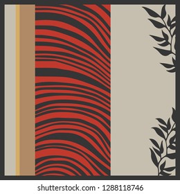 Abstract elegant silk scarf with leaf on red and brown. Classic style