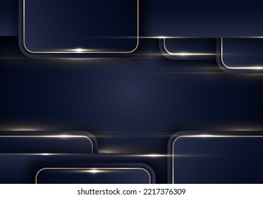 Abstract elegant template design blue squares geometric with golden border and lighting effect on dark blue background luxury style. Vector illustration