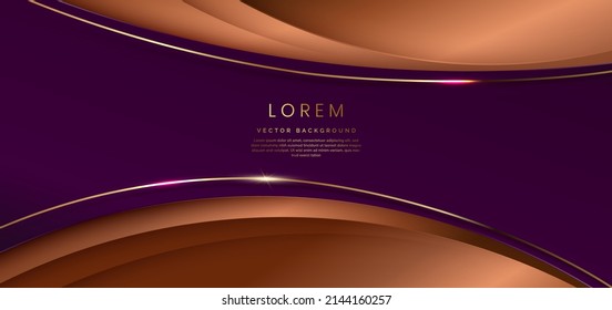 Abstract elegant template violet curve shape on brownbackground with gold lines curved wavy sparkle with copy space for text. Luxury style template design. Vector illustration