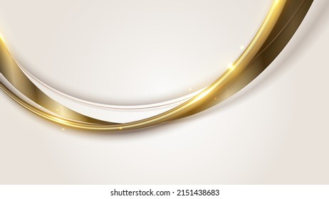 Abstract elegant template white and brown curve shape with 3D golden curved lines rounded and lighting sparking on clean background luxury style. Vector graphic illustration