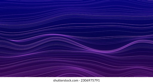 Abstract elegant vector background with smooth thin neon colored lines on dark background. Relaxation style graphic flowing pattern.
