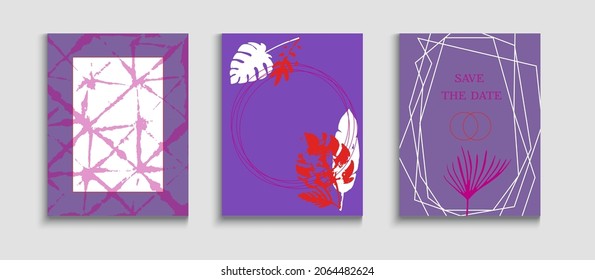 Abstract Elegant Vector Banners Set. Geometric Frame Texture. Japanese Style Invitation. Tie-Dye, Tropical Leaves Flyers. Soft Banana Leaves Invitation Layout. Hand Drawn Hipster Background.