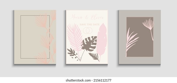 Abstract Elegant Vector Banners Set. Tie-Dye, Tropical Leaves Flyers. Minimal Olive Leaves Invitation Layout. Geometric Frame Texture. Japanese Style Invitation. Hand Drawn Asian Background.