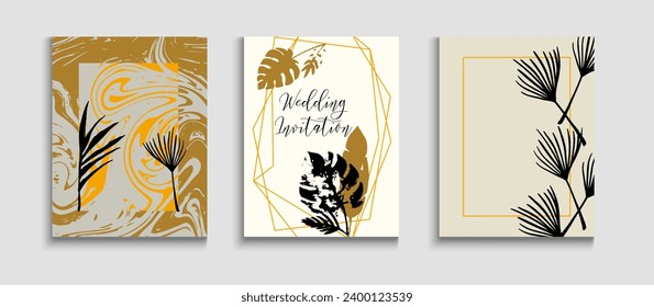 Abstract Elegant Vector Banners Set. Geometric Border Texture. Japanese Style Invitation. Simple Olive Leaves Invitation Design. Tie-Dye, Tropical Leaves Covers. Hand Drawn Asian Background.