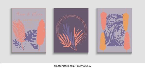 Abstract Elegant Vector Cards Set. Hand Drawn Trendy Background. Geometric Border Texture. Tie-Dye, Tropical Leaves Posters. Cool Olive Leaves Magazine Layout. Oriental Style Invitation.