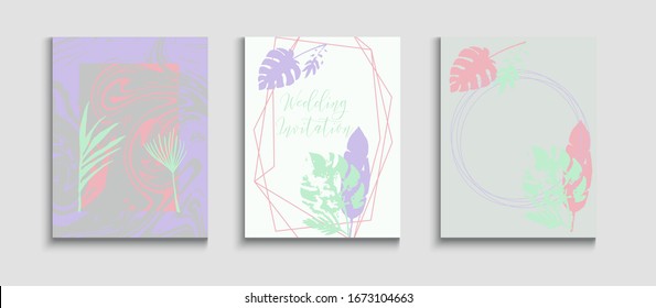Abstract Elegant Vector Cards Set. Geometric Frame Texture. Noble Monstera Leaves Magazine Design. Hand Drawn Trendy Background. Tie-Dye, Tropical Leaves Flyers. Japanese Style Invitation.