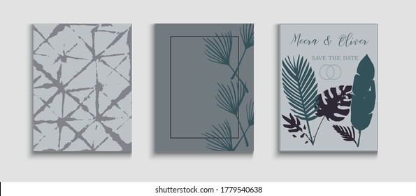 Abstract Elegant Vector Cards Set. Tie-Dye, Tropical Leaves Covers. Simple Olive Leaves Invitation Design. Geometric Border Pattern. Hand Drawn Vintage Background. Japanese Style Invitation.