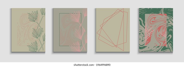 Abstract Elegant Vector Cards Set. Tie-Dye, Tropical Leaves Banners. Japanese Style Invitation. Geometric Border Texture. Hand Drawn Retro Background. Minimal Banana Leaves Magazine Design.