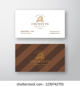 Abstract Elegant Vector Coconut Logo and Business Card Template. Hand Drawn Brown Coconut. Premium Stationary Realistic Mock Up. Modern Typography and Soft Shadows. Isolated.