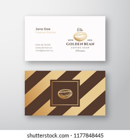 Abstract Elegant Vector Coffee Logo and Business Card Template. Hand Drawn Golden Coffee Bean. Premium Stationary Realistic Mock Up. Modern Typography and Soft Shadows. Isolated.