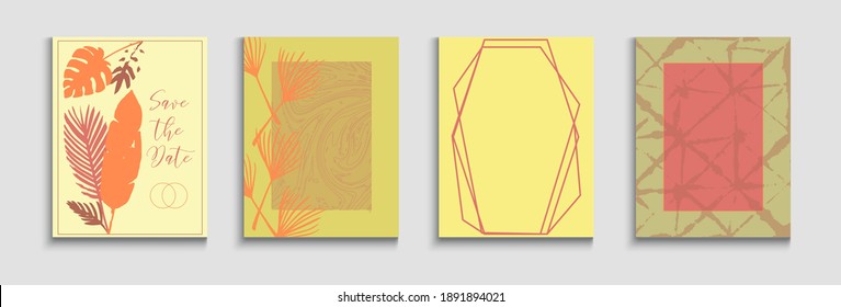 Abstract Elegant Vector Covers Set. Tie-Dye, Tropical Leaves Cards. Geometric Border Texture. Hand Drawn Vintage Background. Minimal Banana Leaves Magazine Design. Oriental Style Invitation.