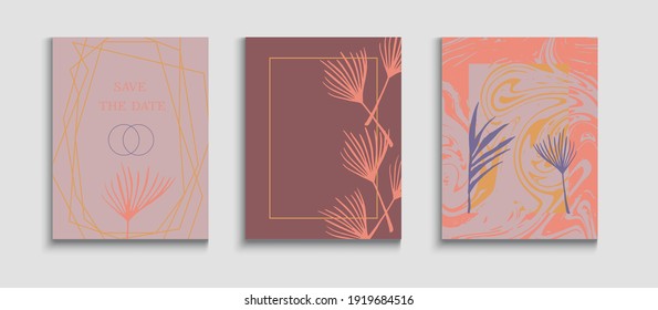 Abstract Elegant Vector Covers Set. Tie-Dye, Tropical Leaves Posters. Geometric Frame Pattern. Simple Banana Leaves Magazine Layout. Hand Drawn Hipster Background. Oriental Style Invitation.