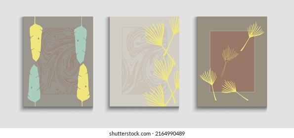 Abstract Elegant Vector Covers Set. Hand Drawn Retro Background. Noble Monstera Leaves Magazine Layout. Oriental Style Invitation. Geometric Border Texture. Tie-Dye, Tropical Leaves Flyers.