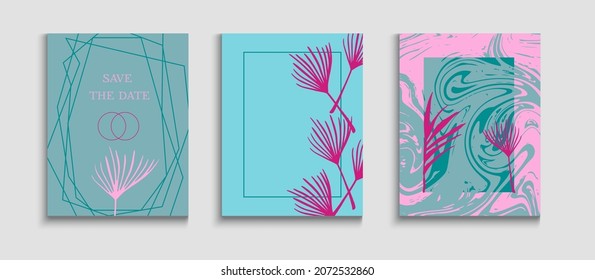 Abstract Elegant Vector Flyers Set. Geometric Frame Pattern. Hand Drawn Asian Background. Cool Monstera Leaves Magazine Layout. Tie-Dye, Tropical Leaves Cards. Oriental Style Invitation.